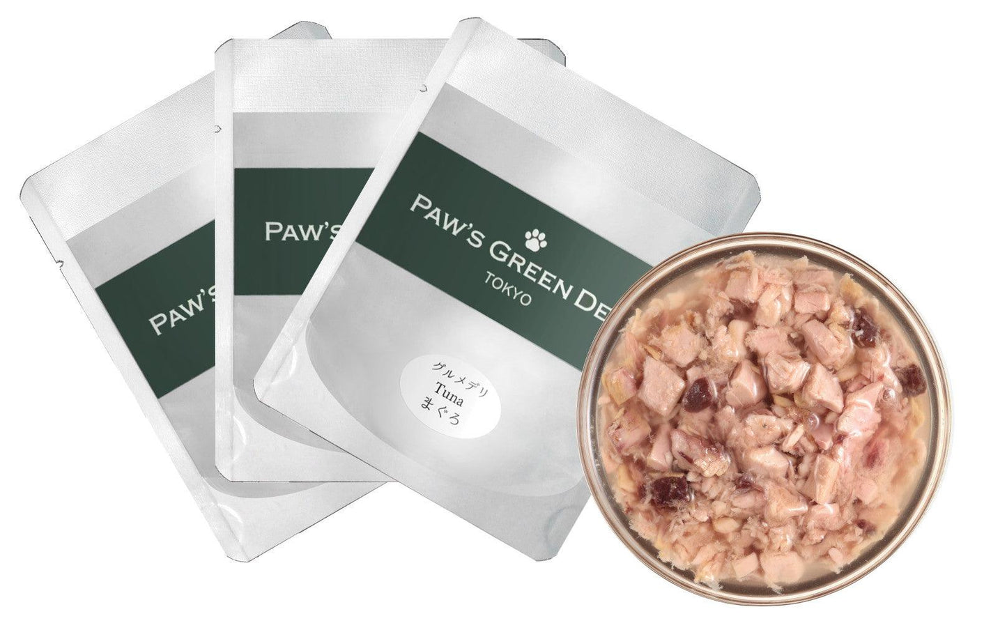 Paw’s Green Deli 国産・無添加で安心・安全なウェットフード パウチと中身の写真、愛犬・愛猫の毎日の健康をサポートするドッグフード・キャットフード
