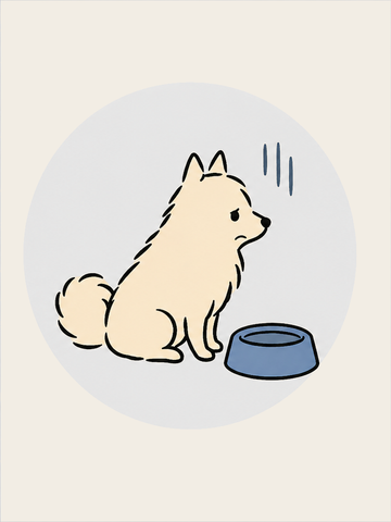 ごはんの前でしょんぼりしているわんちゃん