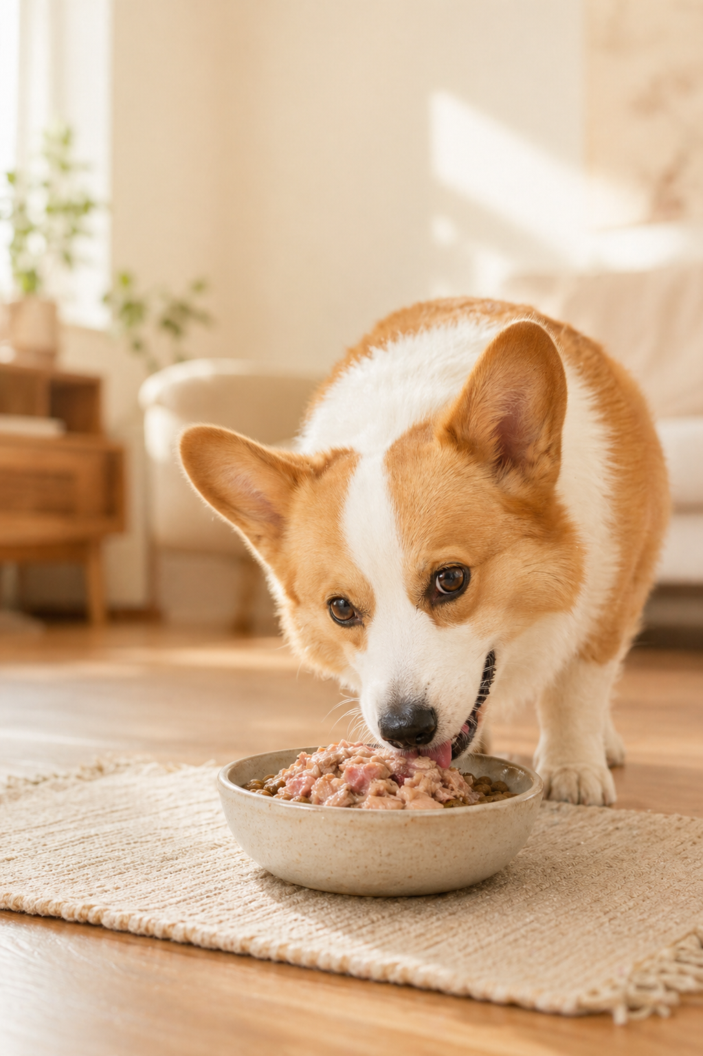 グルメデリをトッピングしたごはんを食べるわんちゃん