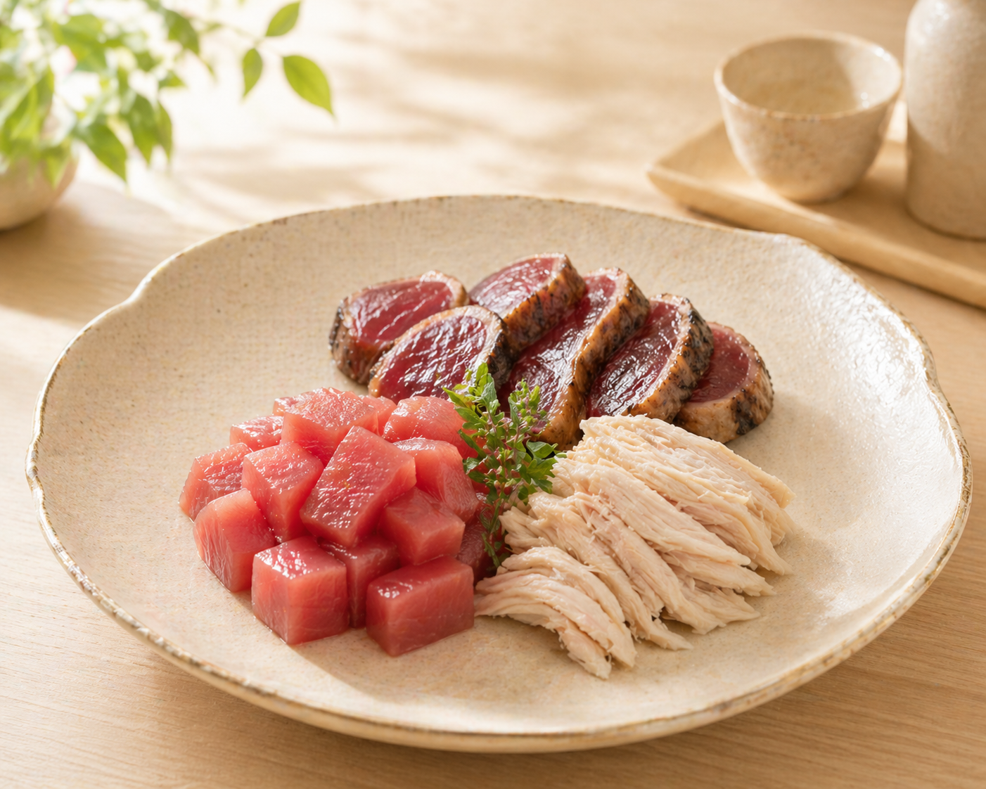 まぐろ、かつお、ささみを皿に盛り付けた商品イメージ