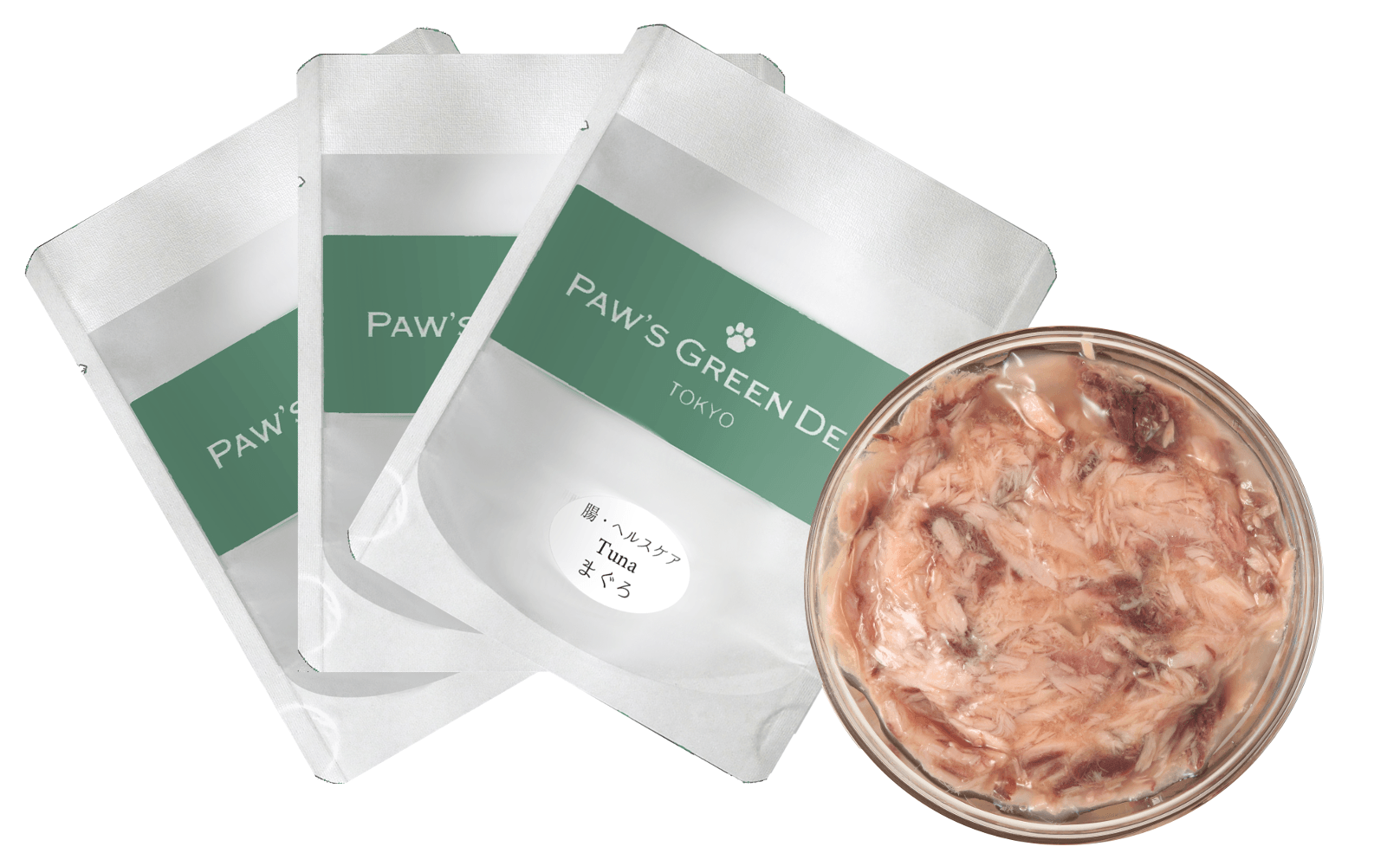 Paw’s Green Deli 腸ヘルスケア 犬猫用ウェットフードパッケージ写真、腸活成分（サイリウム・乳酸菌）で腸の健康をサポート、食物繊維でダイエットにもおすすめ。安心・安全・無添加・国産なフードの内容写真